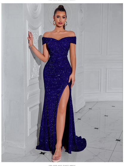 Sequined Off The Shoulder High Slit Maxi Dress-Blue - vevewholesale