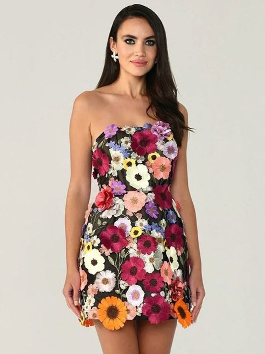 Strapless Fower Mini Dress-Colour Black - vevewholesale