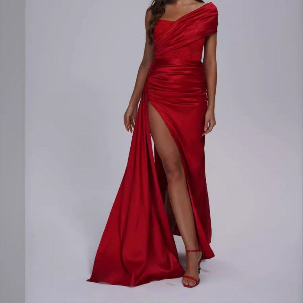 One Shoulder Backless Maxi Dress-Red - vevewholesale
