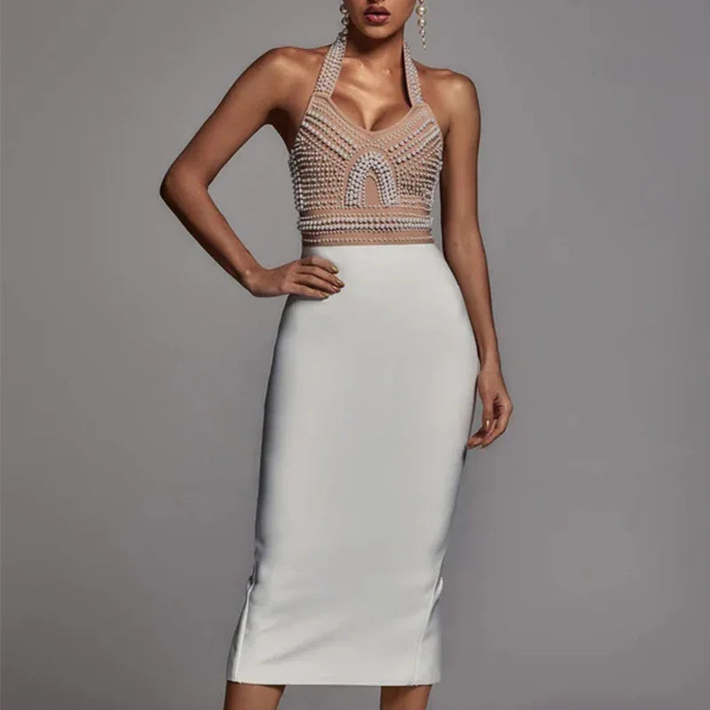 Beaded Halter Neck Midi Dress - vevewholesale