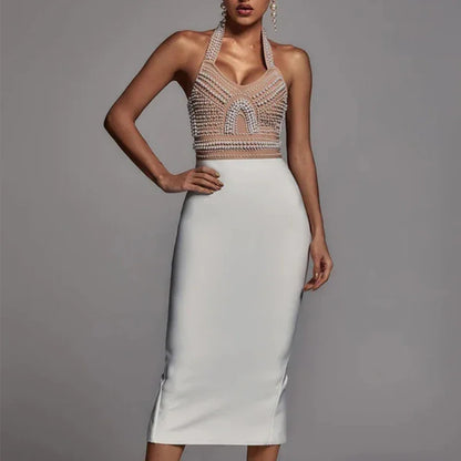 Beaded Halter Neck Midi Dress - vevewholesale