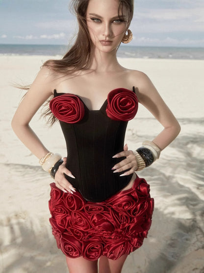 Strapless Flowers Two Piece Set-Red - vevewholesale