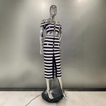 Black And White Off Tthe Shoulder Two Piece Set - vevewholesale