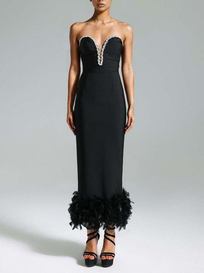 Rhinestone Strapless Feather Long Dress - vevewholesale