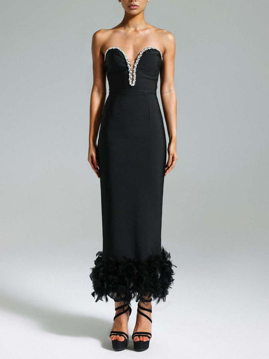 Rhinestone V-neck strapless feather