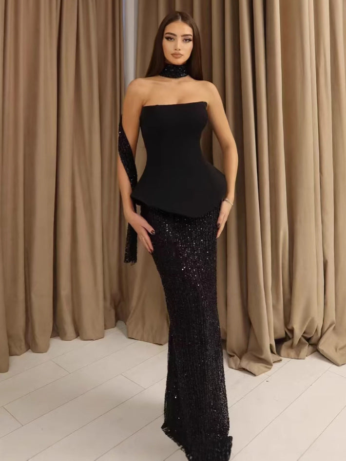 A half-length sequined dress with a scarf - vevewholesale