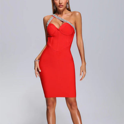 One Shoulder Diamond Midi Dress-Red - vevewholesale