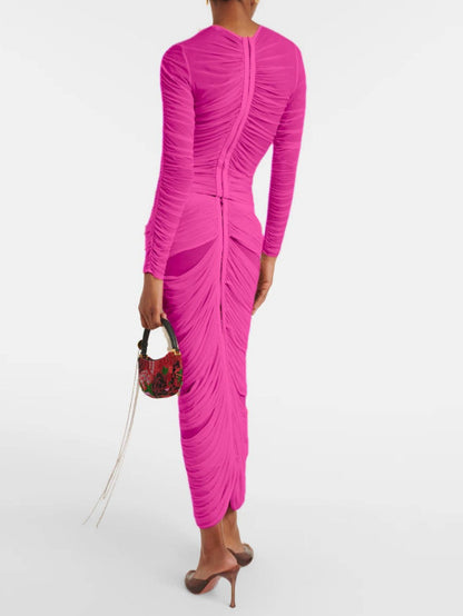 Long sleeved Mesh Maxi Dress-Pink - vevewholesale
