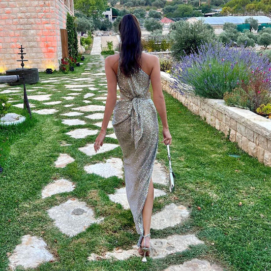 Skeletonized One Shoulder Sequined Long Dress