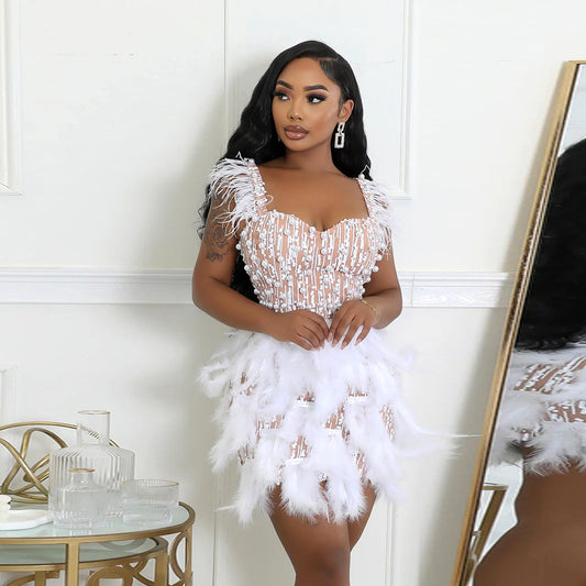 Feather V Neck Mini Dress