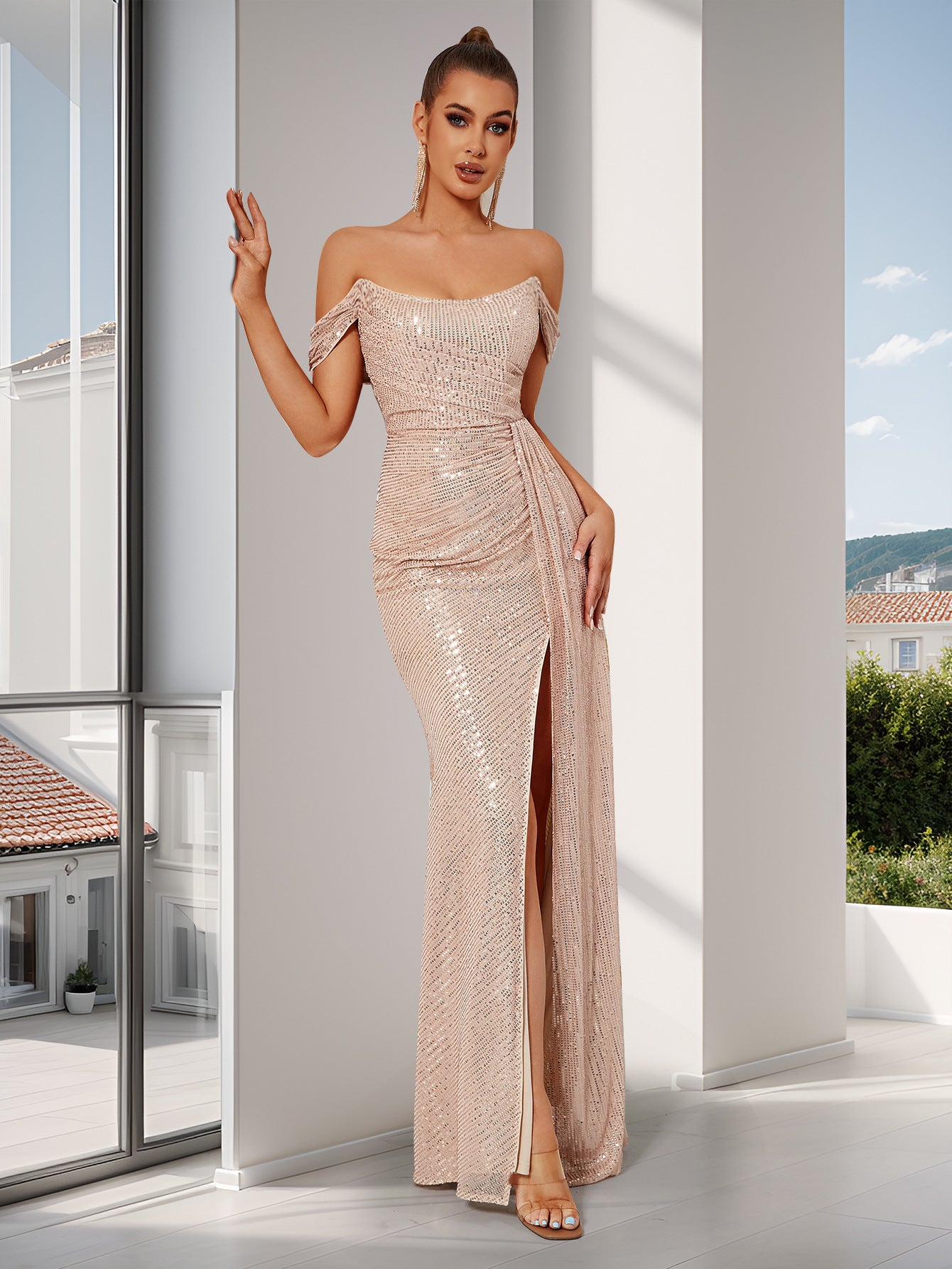 Sequined Slit Maxi Dress - vevewholesale