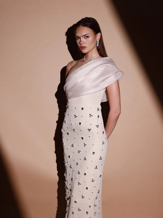Pleated One Shoulder Diamond Long Dress - vevewholesale