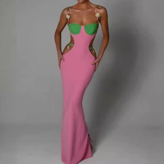 Waist Exposed Luxurious Ultra Long Dress-Pink - vevewholesale