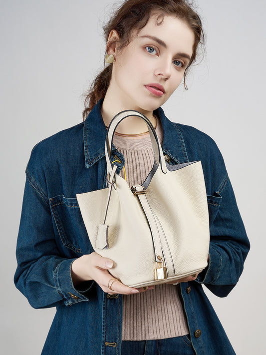 Leather Bucket Handbag-Off White - vevewholesale