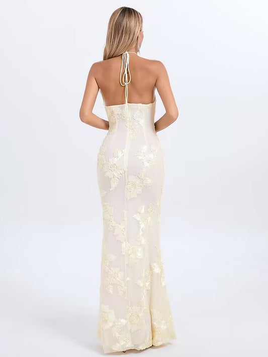 Halter Neck Jacquard Maxi Dress - vevewholesale