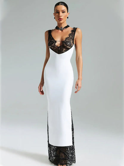 V Neck Lace Maxi Dress-White - vevewholesale