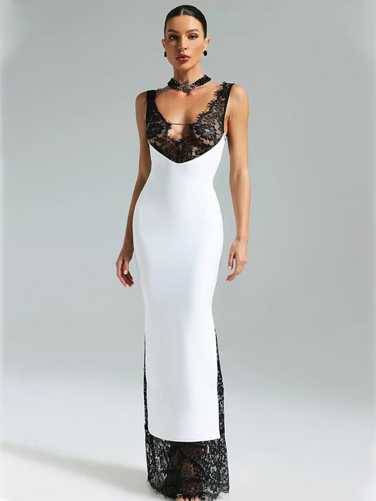 V Neck Lace Maxi Dress-White - vevewholesale