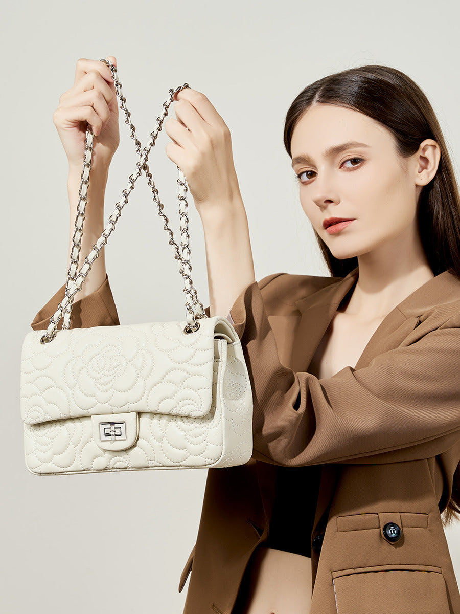 Camellia Flower Goatskin One Shoulder Bag-White - vevewholesale
