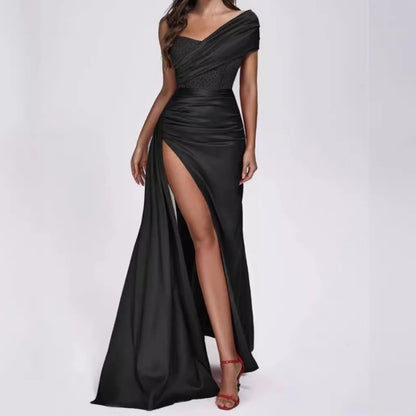 One Shoulder Backless Maxi Dress-Black - vevewholesale