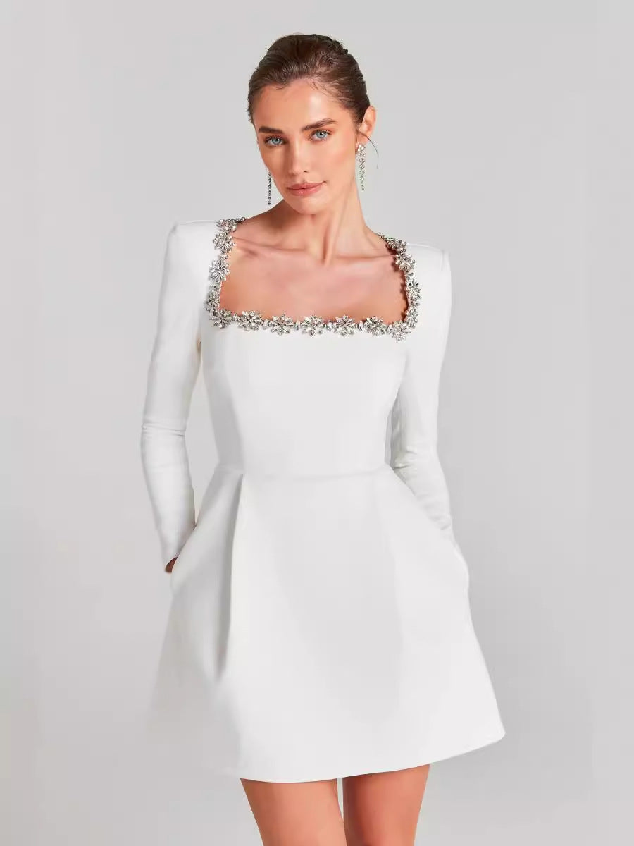 Square collar and diamond-encrusted long sleeves - vevewholesale