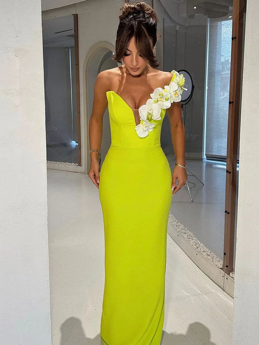 Flower One Shoulder Maxi Dress - vevewholesale