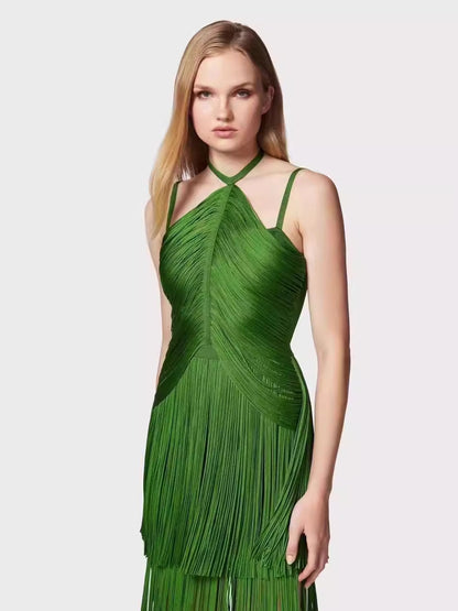 Tassel Halter Dress-Green - vevewholesale