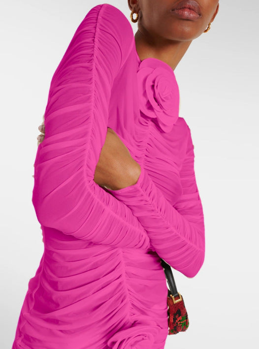 Long sleeved Mesh Maxi Dress-Pink - vevewholesale