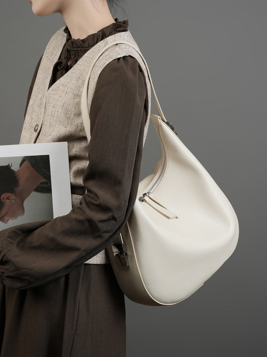 Crescent Shaped Bucket Bag-Off White - vevewholesale