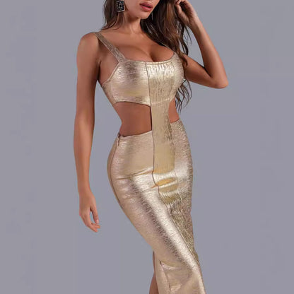 Gilded Halter Long Dress - vevewholesale