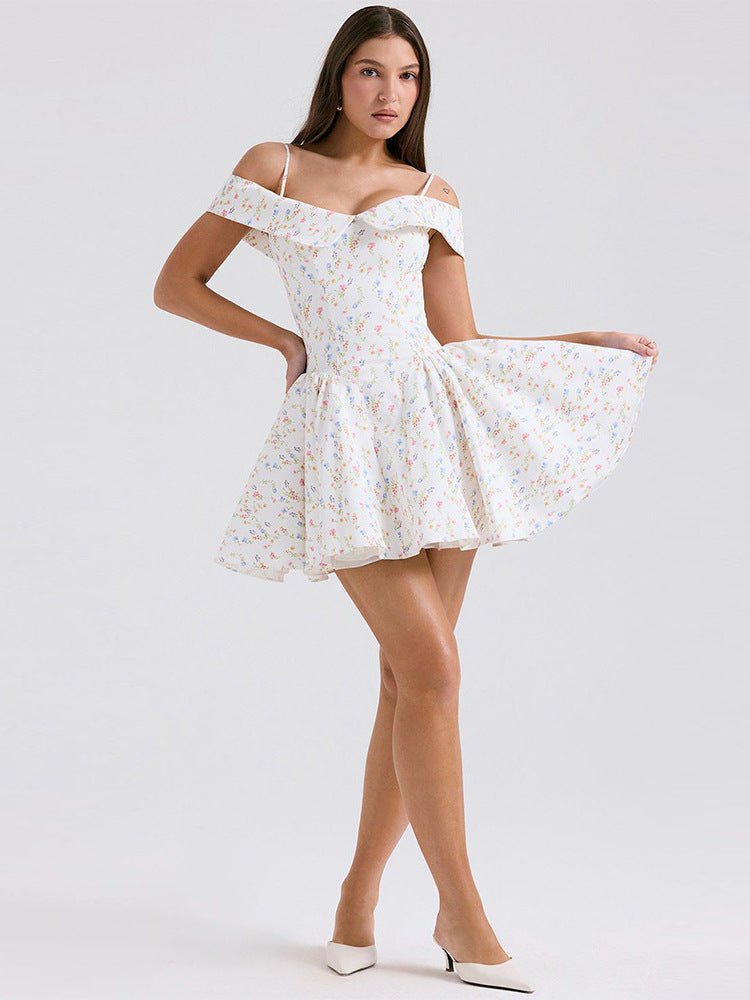 One Shoulder Strappy Printed Puffy Mini Dress-White - vevewholesale