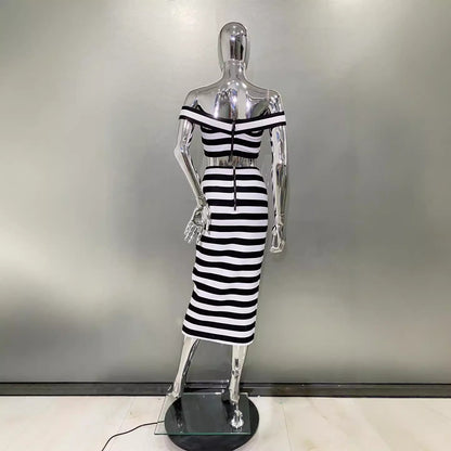 Black And White Off Tthe Shoulder Two Piece Set - vevewholesale
