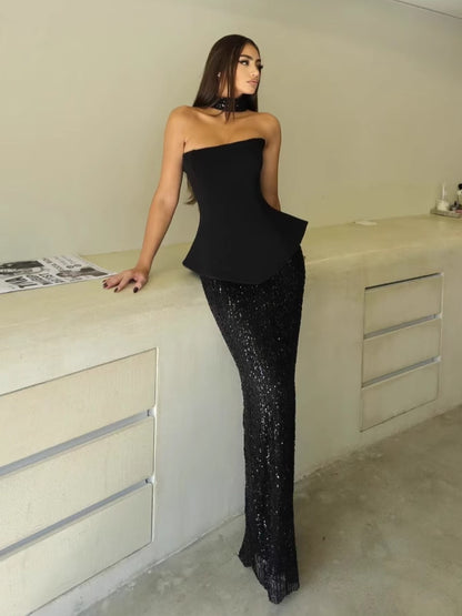A half-length sequined dress with a scarf - vevewholesale