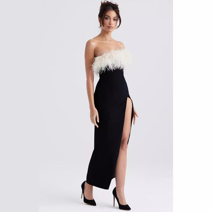 Ostrich Feather Strapless Midi Dress - vevewholesale