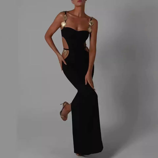 Waist Exposed Luxurious Ultra Long Dress-Black - vevewholesale