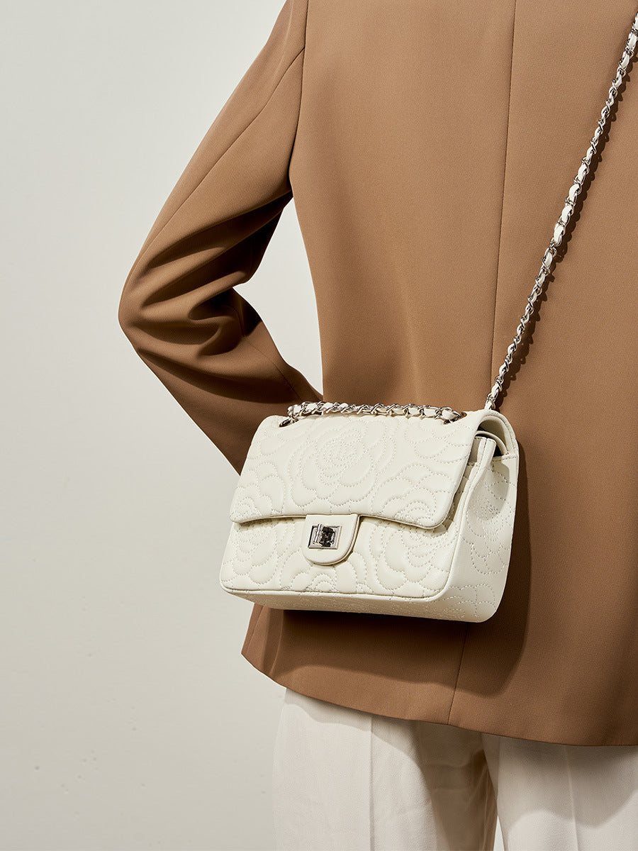 Camellia Flower Goatskin One Shoulder Bag-White - vevewholesale