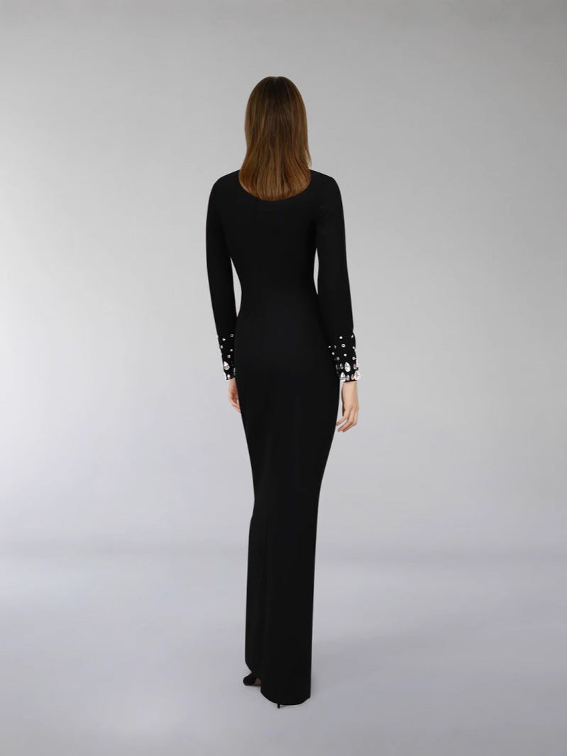 Handmade Beaded Super Long Dress-Black - vevewholesale