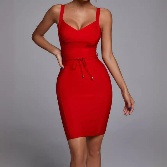 Solid-Color Mini Bandage Dress-Red - vevewholesale