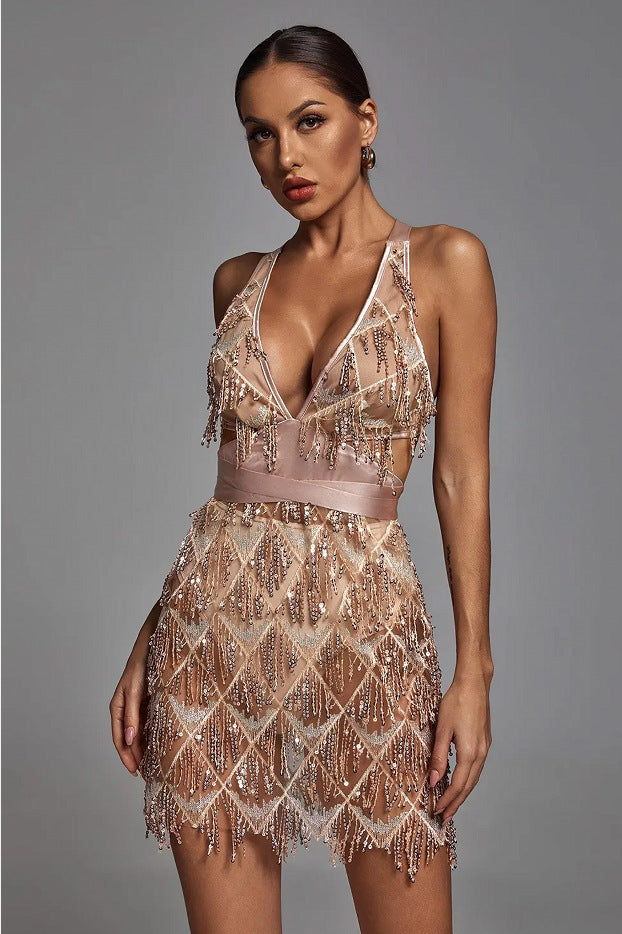 Backless Sequined Mini Dress - vevewholesale