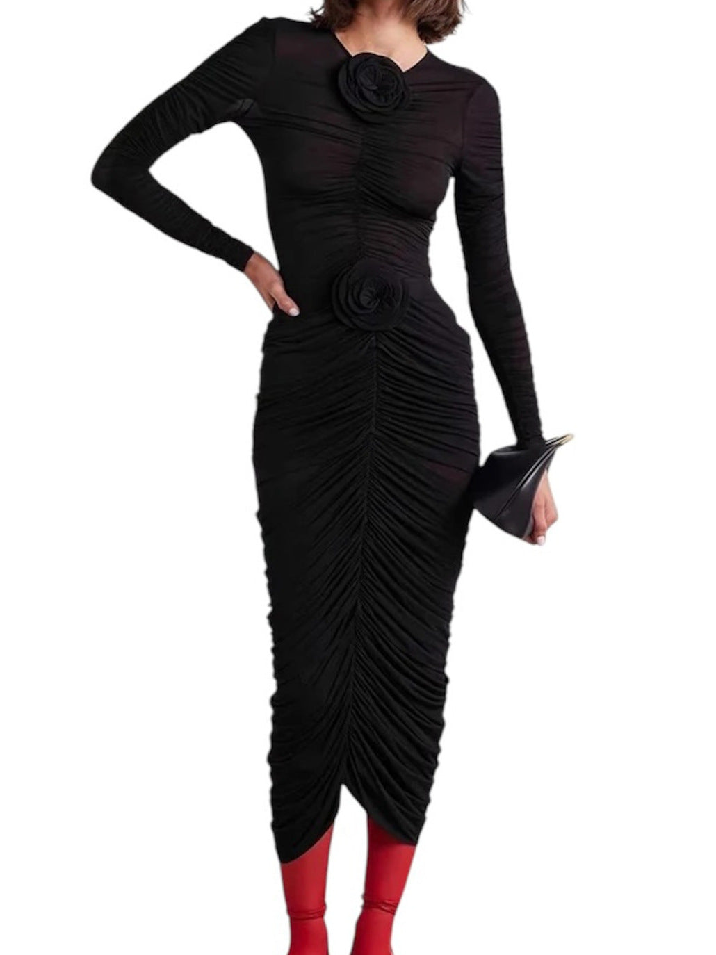 Long sleeved Mesh Maxi Dress--Black - vevewholesale