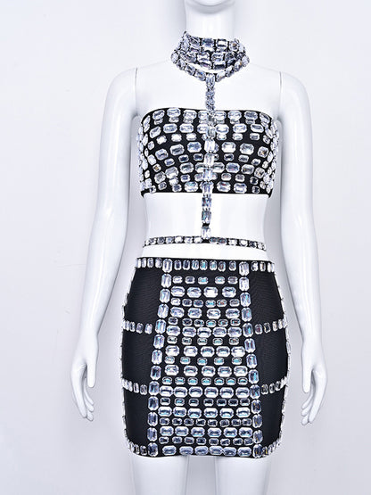 Diamond-Encrusted Halter Neck Two-Piece Set - vevewholesale