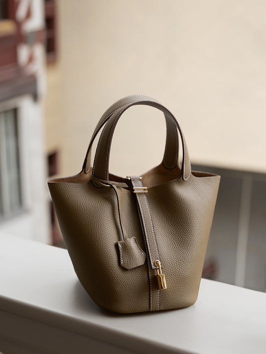 Leather Bucket Handbag-Grey - vevewholesale
