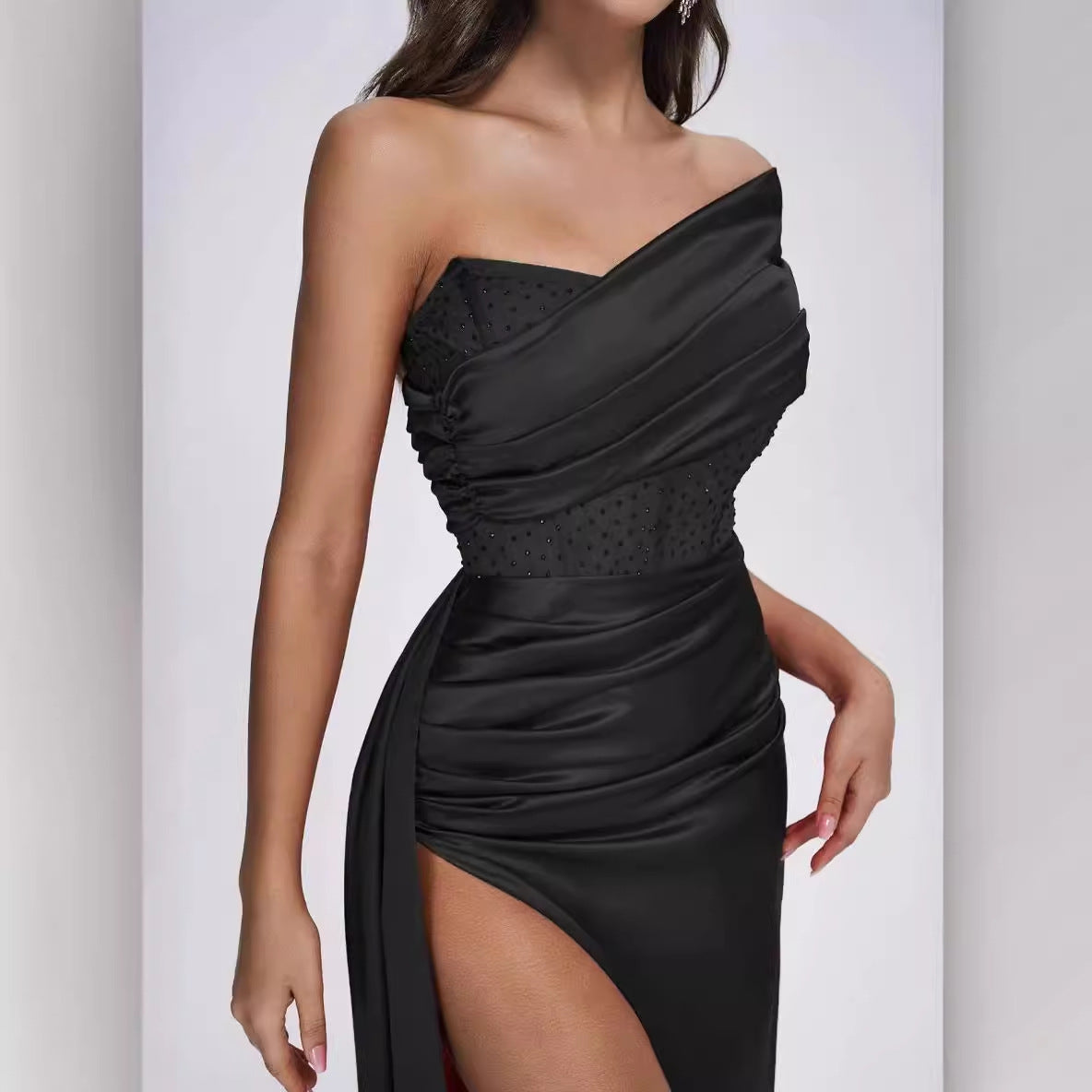 One Shoulder Backless Maxi Dress-Black - vevewholesale