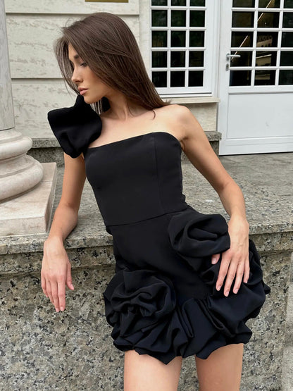 Ruffled flower bud puffy dress- black - vevewholesale