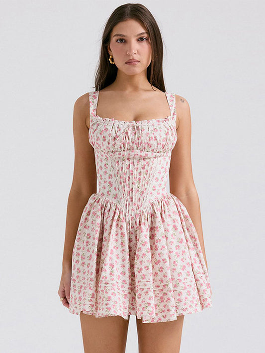 Floral Halter Mini Dress--White Background Rose - vevewholesale