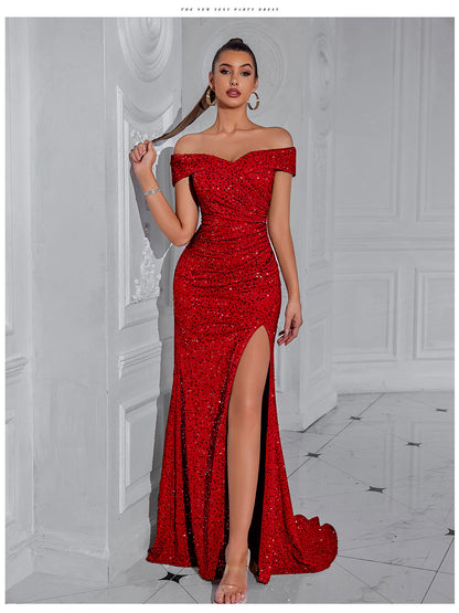 Sequined Off The Shoulder High Slit Maxi Dress-Red - vevewholesale