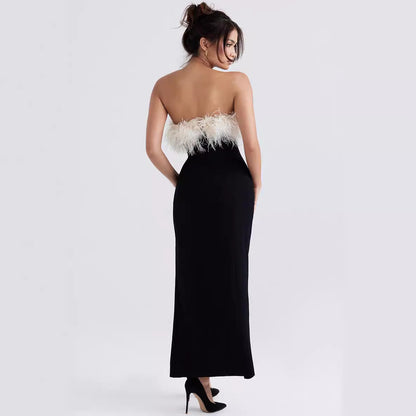 Ostrich Feather Strapless Midi Dress - vevewholesale