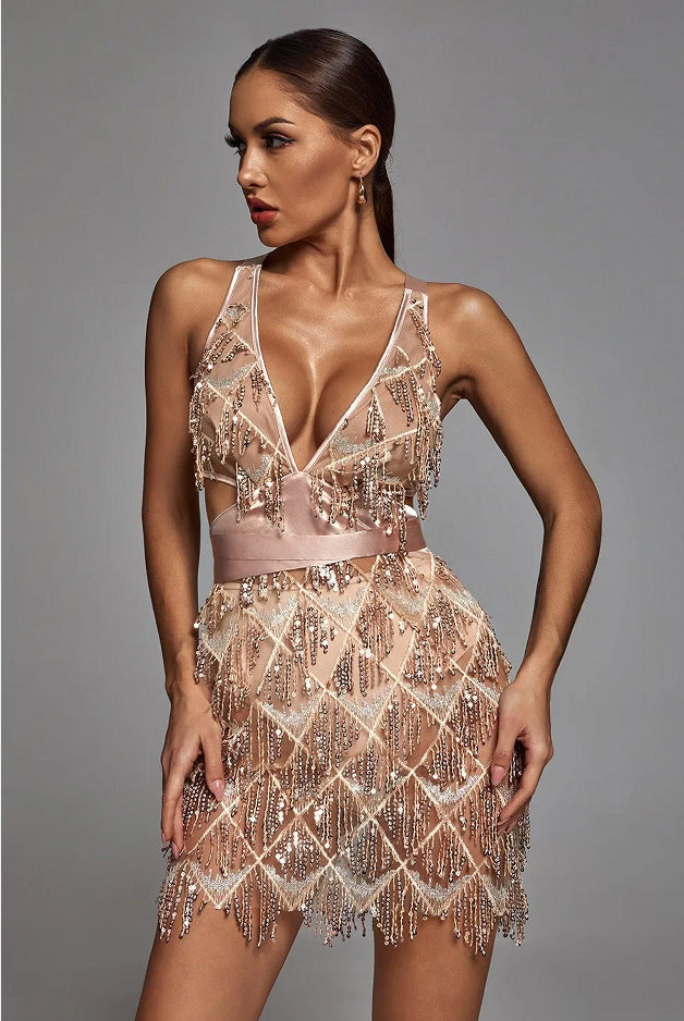 Backless Sequined Mini Dress - vevewholesale