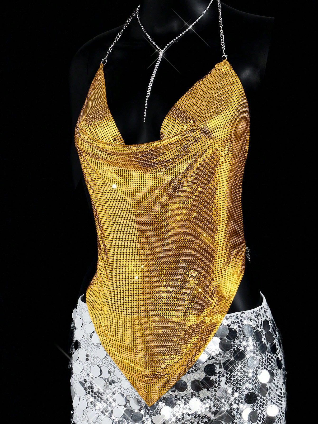 Metal Sequin Deep V Top-Gold - vevewholesale