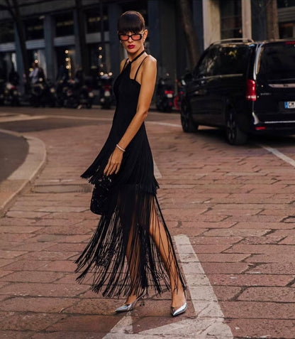 Tassel Halter Dress-Black - vevewholesale
