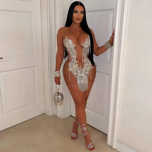 See Through Tassel Mini Dress-White
